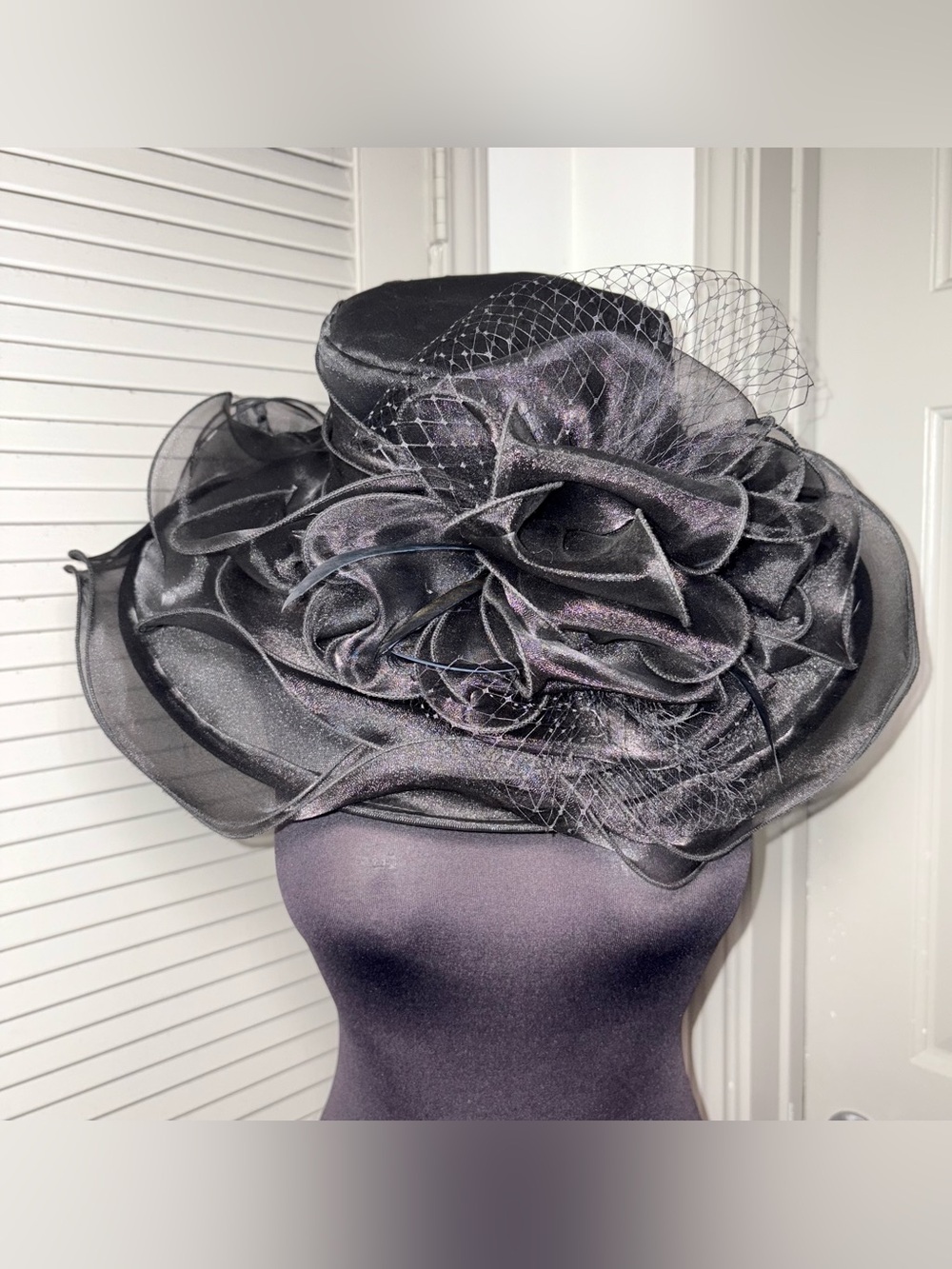 Dramatic Black Organza Floral Wide-Brim Occasion Hat